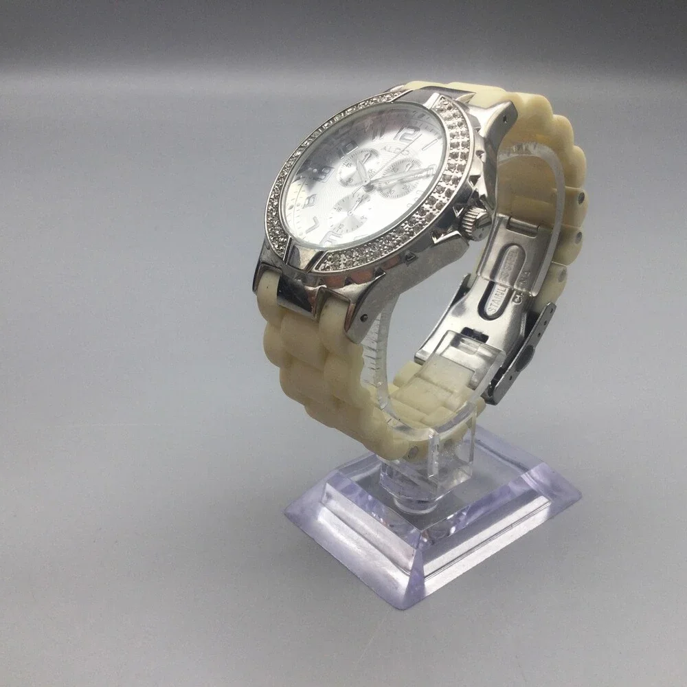 ALDO Womens Watch 41mm Silver Dial Crystals Beige Silicone New Battery 6.75